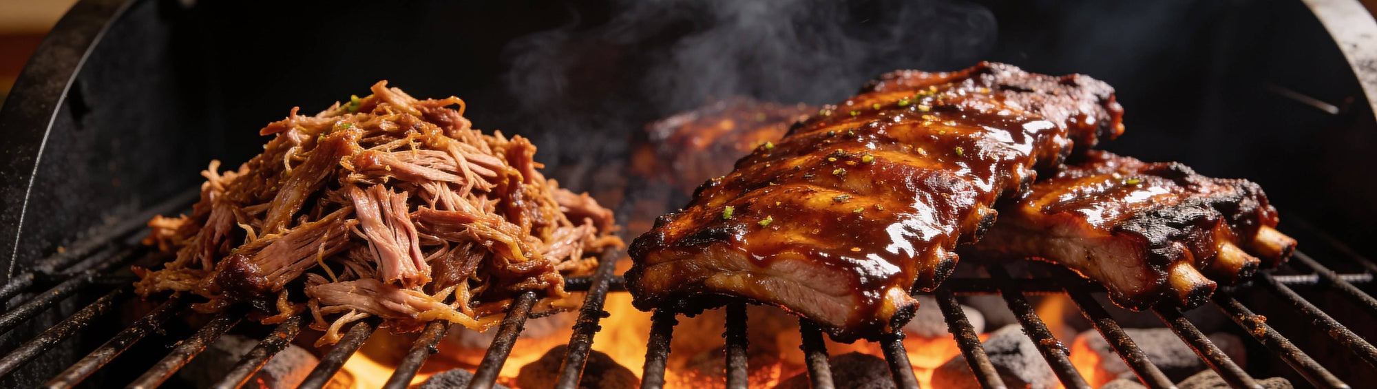 Jack Daniel's Pork Rub banner background — smoked pork ribs and pulled pork with a sticky zesty glaze