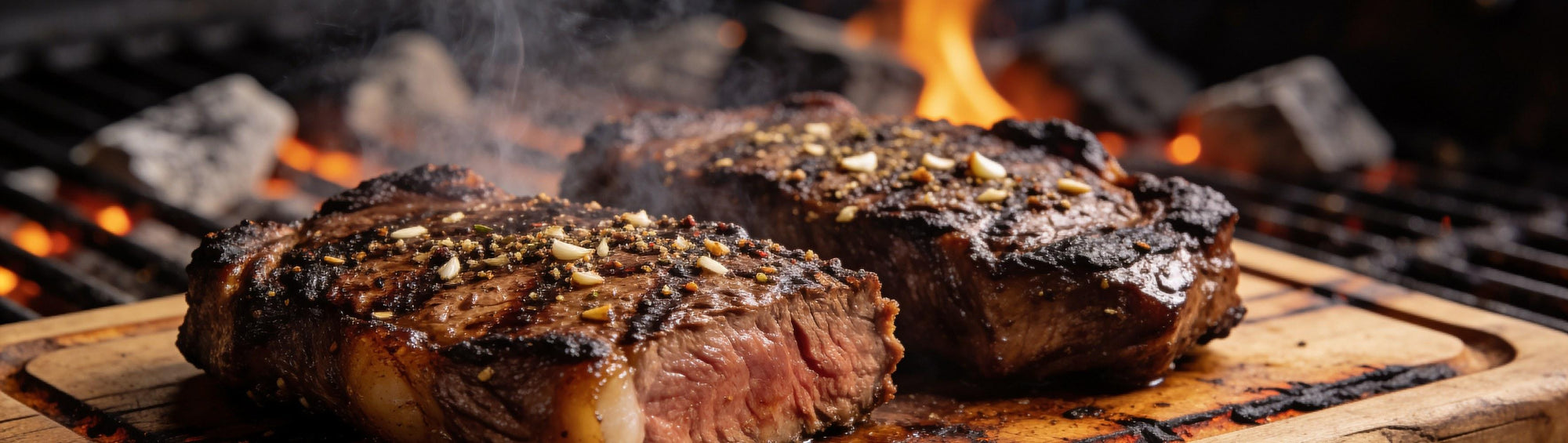 Jack Daniel's Steak Rub banner background — thick-cut steak with a garlic pepper crust and a hard seared crust