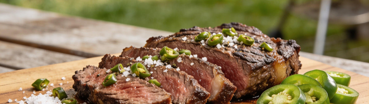 Hardcore Carnivore Texas Jalapeno Salt beside a sliced rested steak with fresh jalapeno and coarse finishing salt