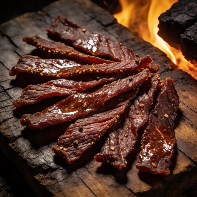 Jerky category lifestyle photo - sliced glossy beef jerky strips lifestyle photo
