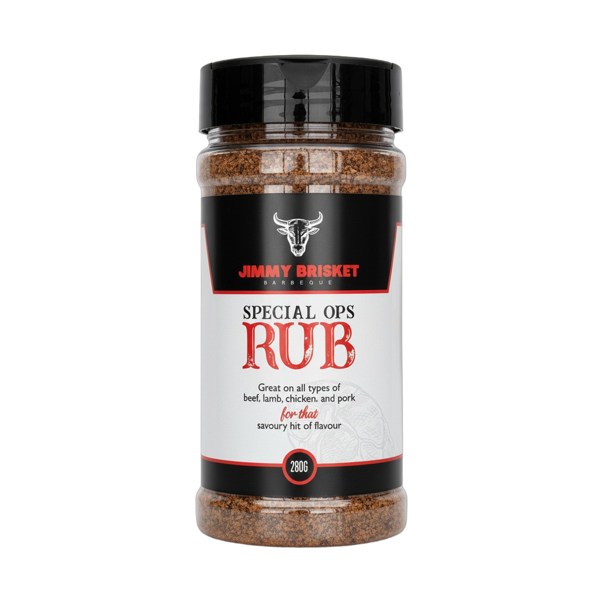 Jimmy Brisket Special Ops 280g beef rub — front of shaker on transparent background
