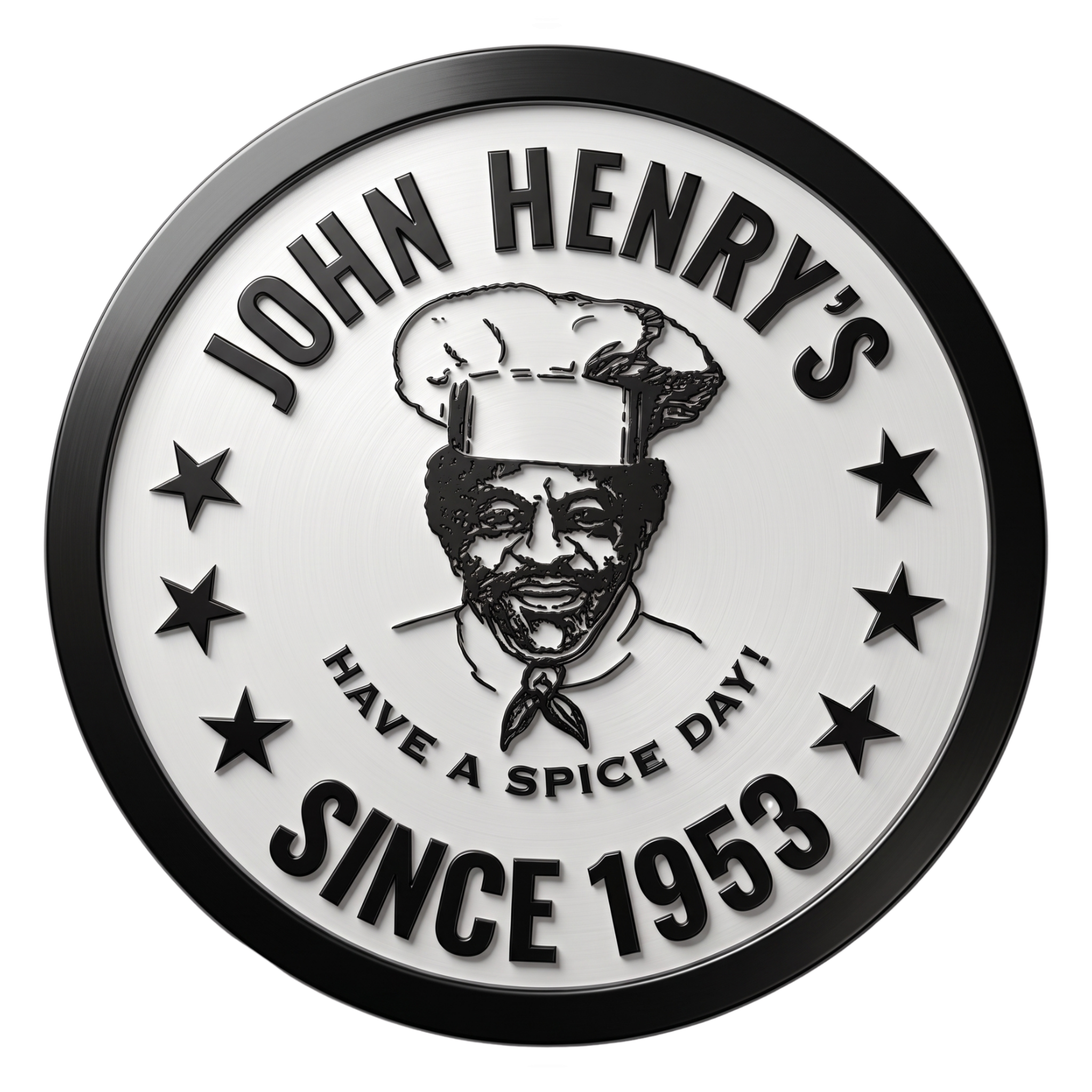 John Henry's brand logo, chef portrait medallion, Have a Spice Day since 1953, silver on transparent background