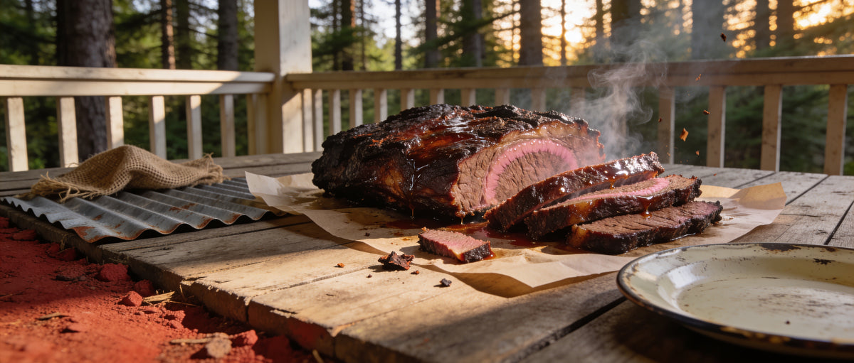 Sliced smoked brisket on a wood board