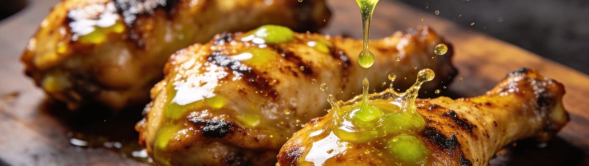 Grilled chicken drumsticks with green chilli lime drizzle