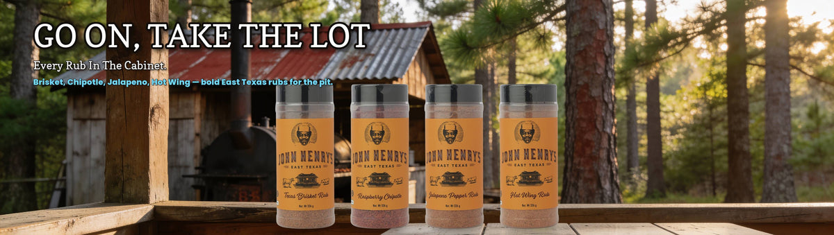 John Henry's Meet the Range banner v2 — GO ON, TAKE THE LOT, four East Texas rubs, data-driven rebuild (font anchor + palette + real logo box + title-bank rotation)