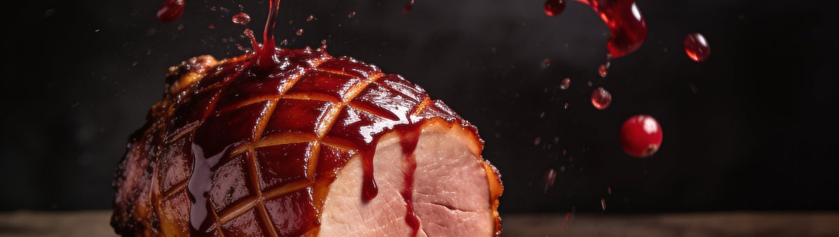Glazed ham with dark cranberry sauce splash