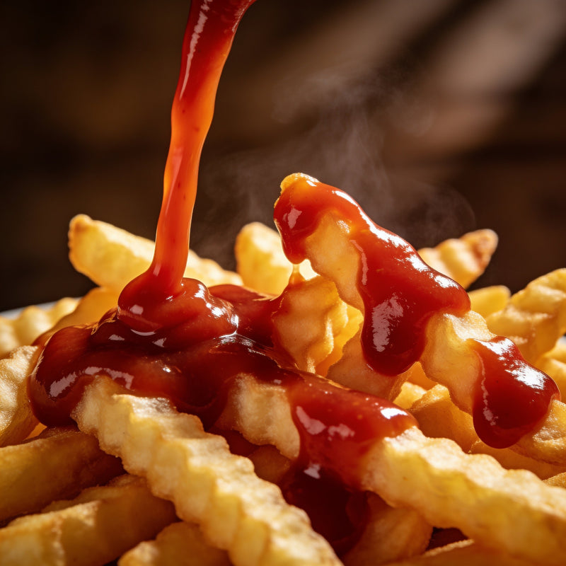 Proper tomato ketchup poured thick and glossy over hot crinkle-cut chips — Ketchup category lifestyle scene lifestyle photo