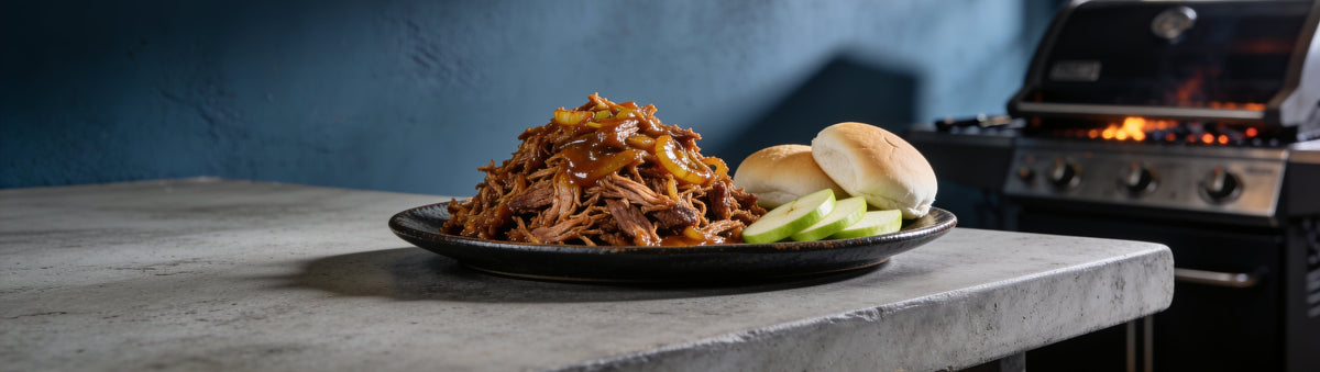 Pulled pork tossed in KOSMOS Q Apple Chipotle BBQ Sauce with soft rolls and green apple