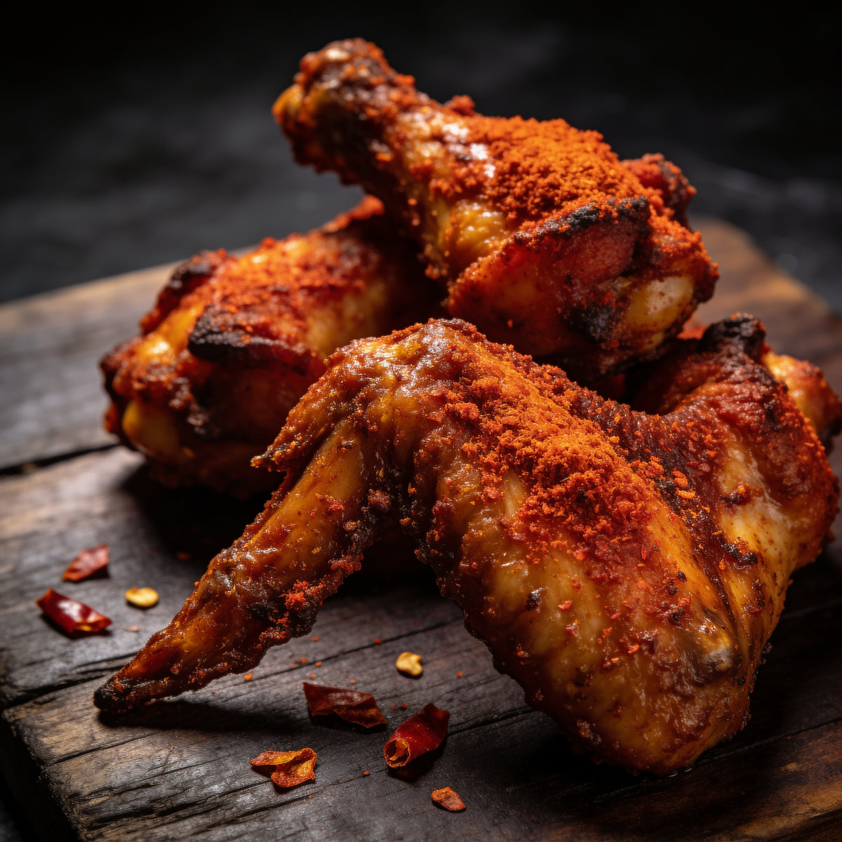 Kosmos Q Buffalo Hot Wing Dust seasoning dusted on crispy chicken wings