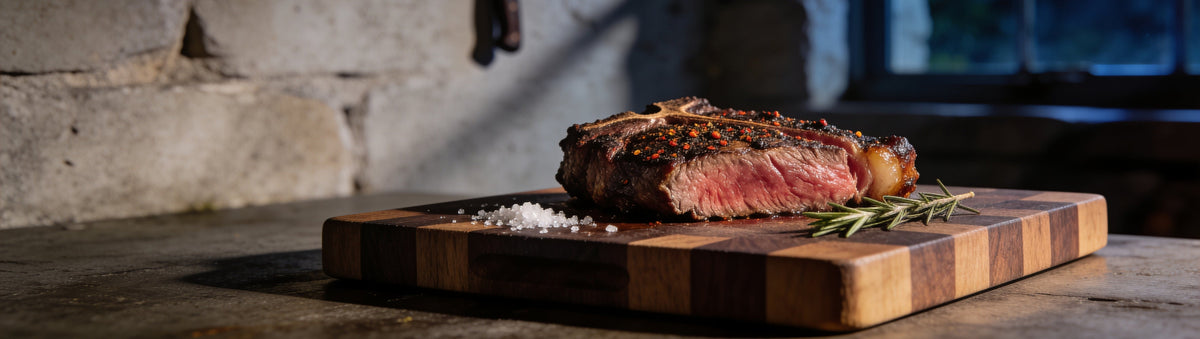 Steak with a KOSMOS Q Cow Cover Hot Rub crust, sliced medium-rare on an end-grain board