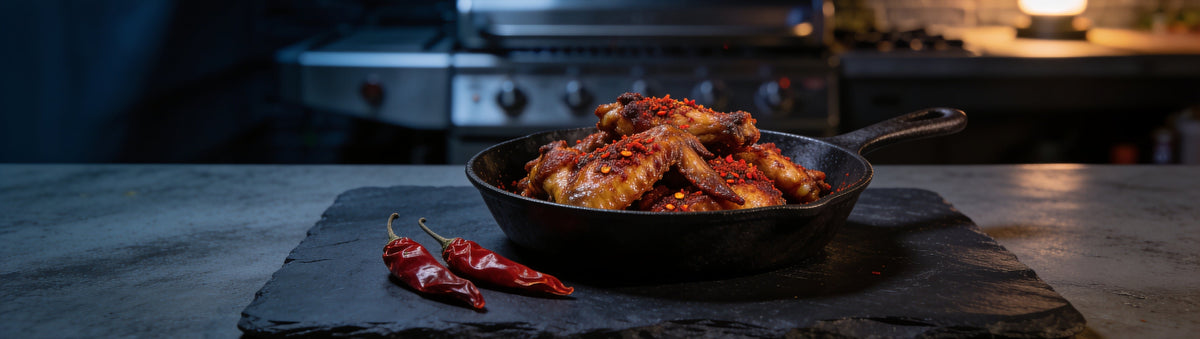 Cast-iron pan of wings fired up with KOSMOS Q Ghost Pepper Wing Dust and dried red chillies