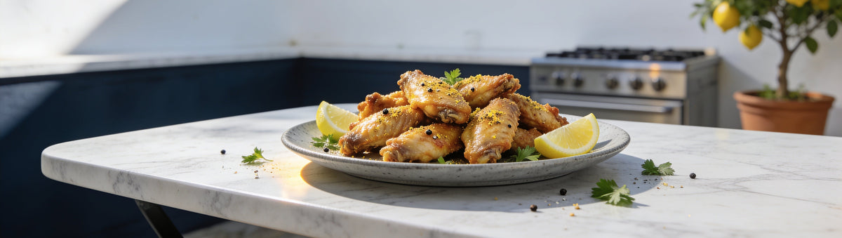Wings tossed in KOSMOS Q Lemon Pepper Wing Dust with lemon wedges in a sunny courtyard