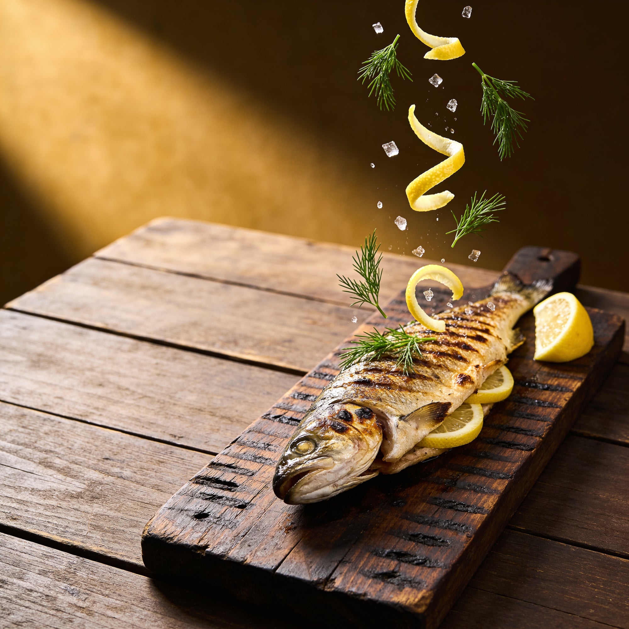 A grilled whole fish fillet garnished with lemon and fresh dill.