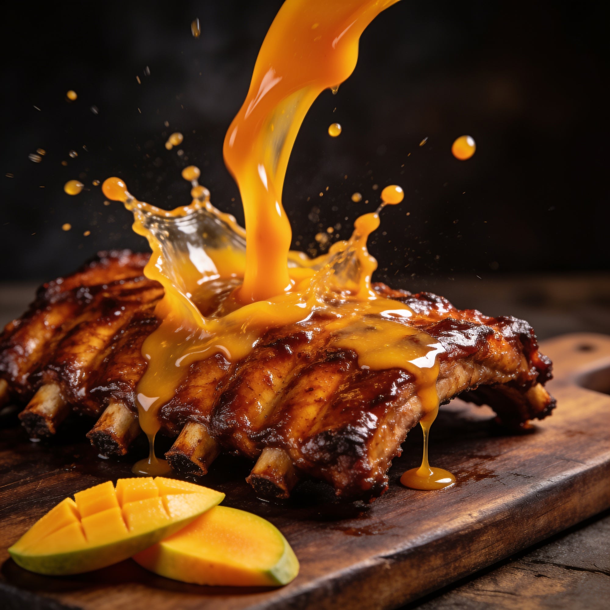 BBQ pork ribs with a glossy orange glaze splash and fresh mango.