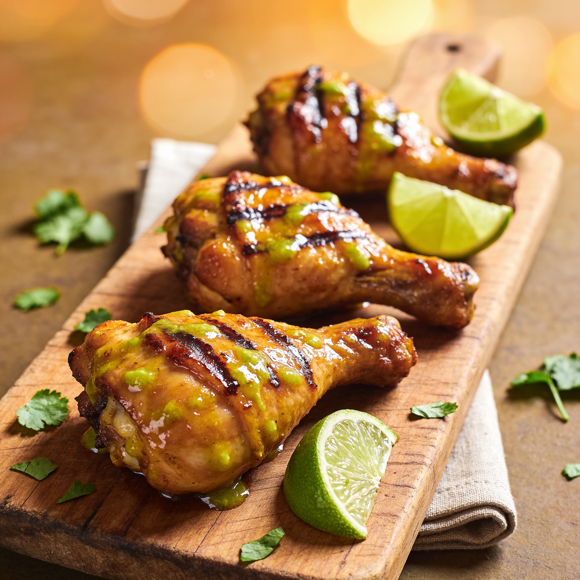 Grilled chicken drumsticks glazed with a bright lime dressing.