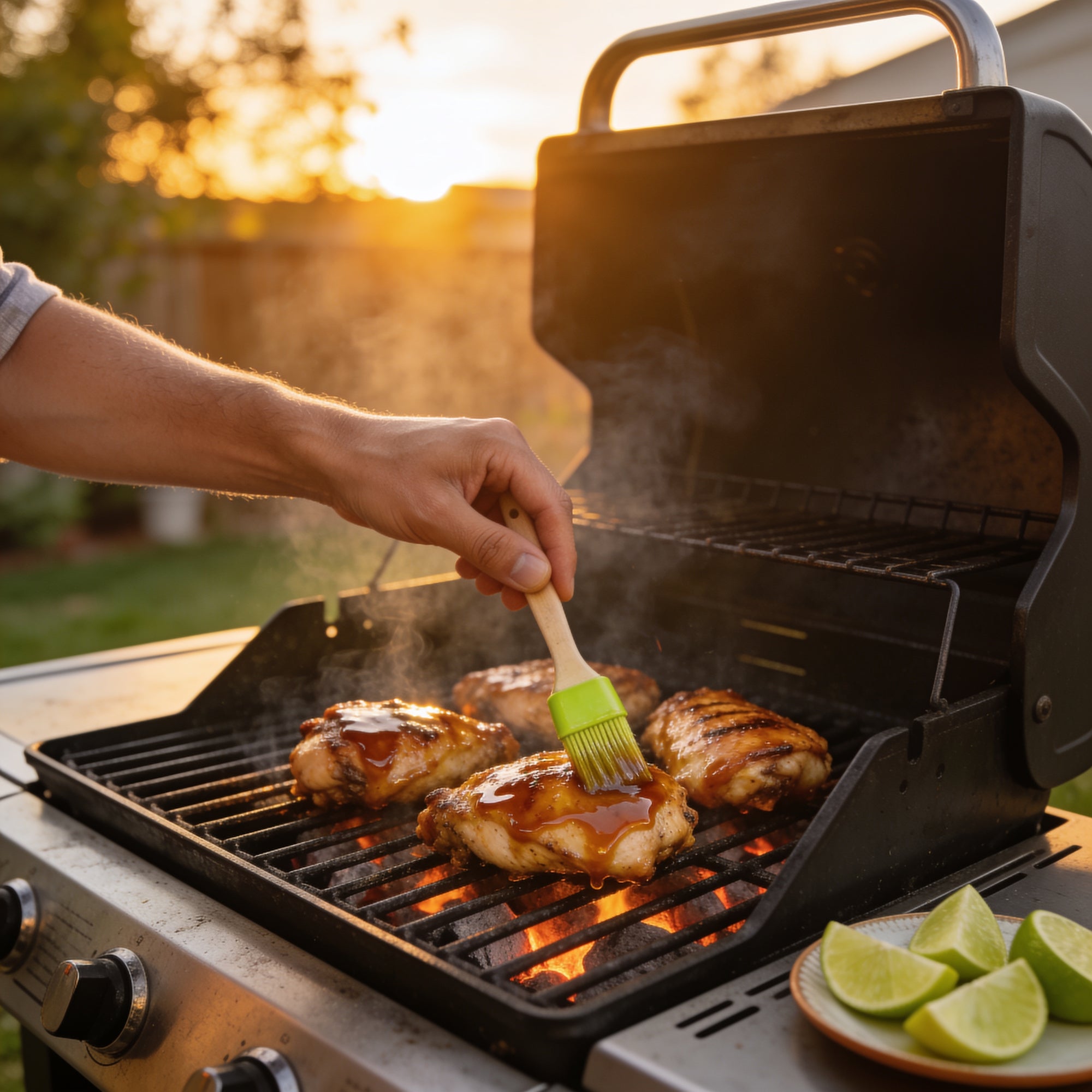 A hand basting barbecue sauce onto grilled chicken at sunset.