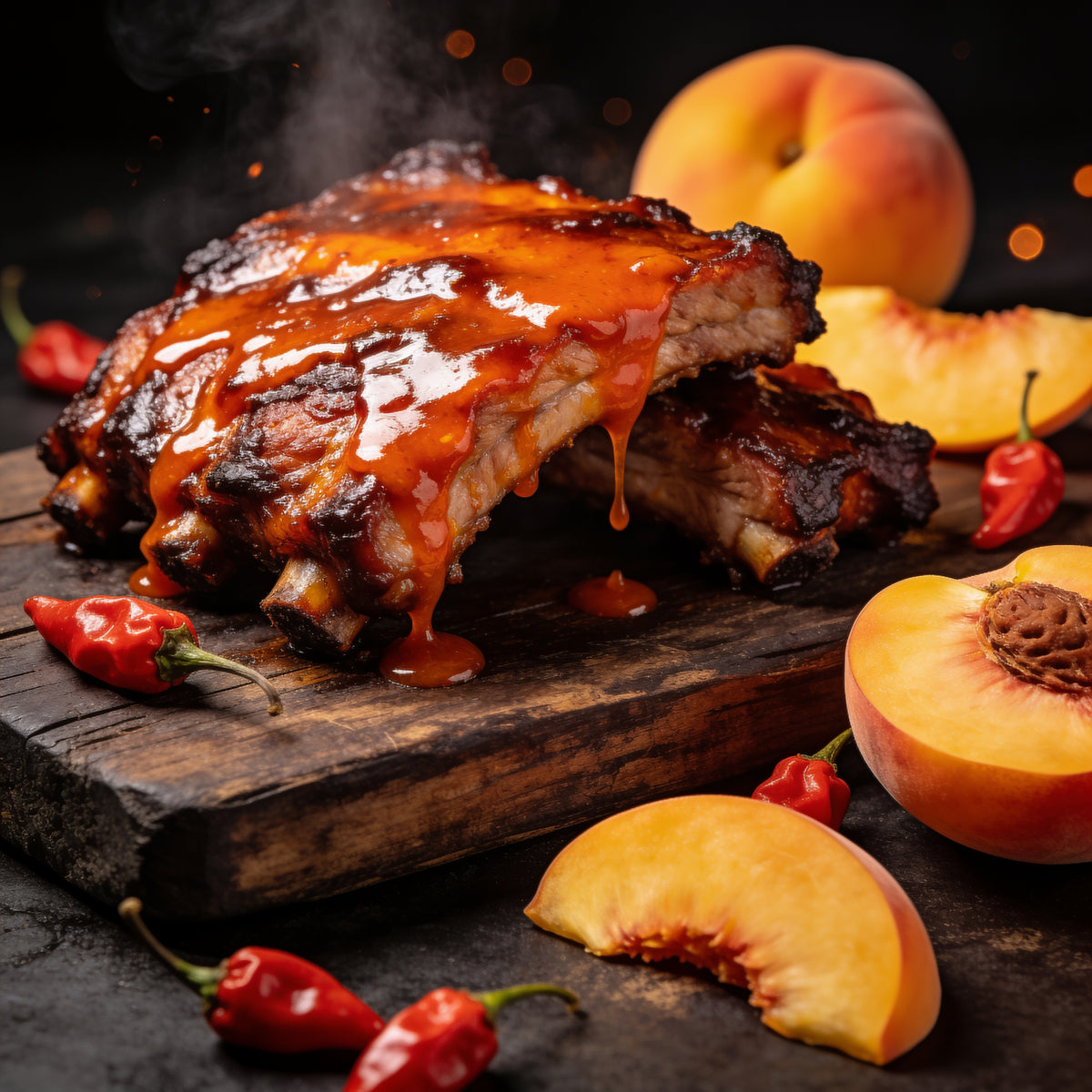 Kosmos Q Peach Habanero BBQ Sauce glazed on grilled chicken wings
