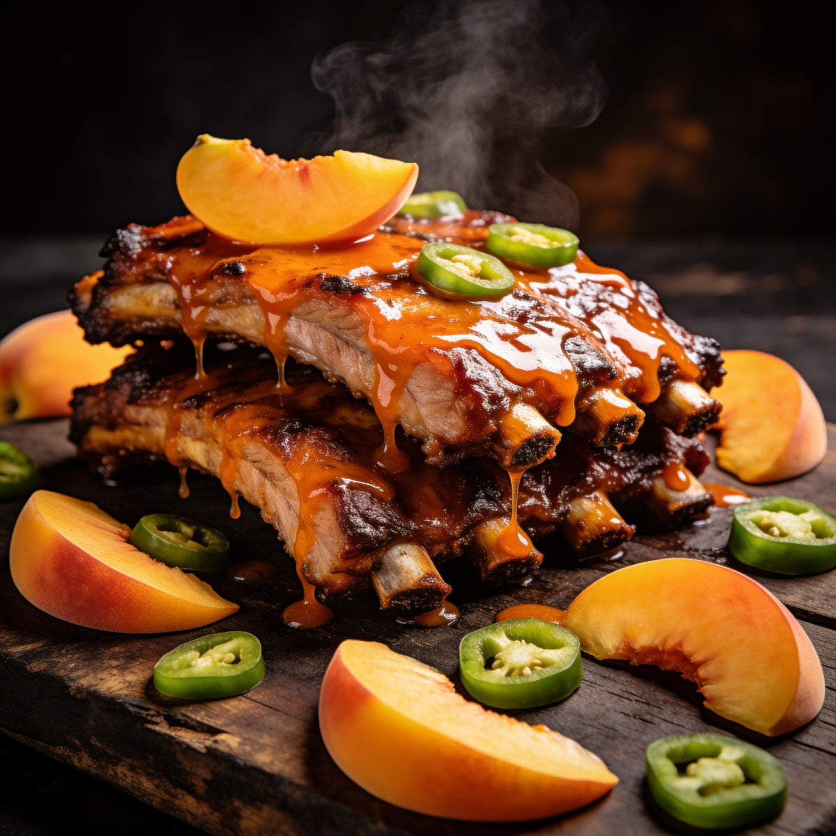 Kosmos Q Peach Jalapeno Glaze glazed on grilled pork ribs