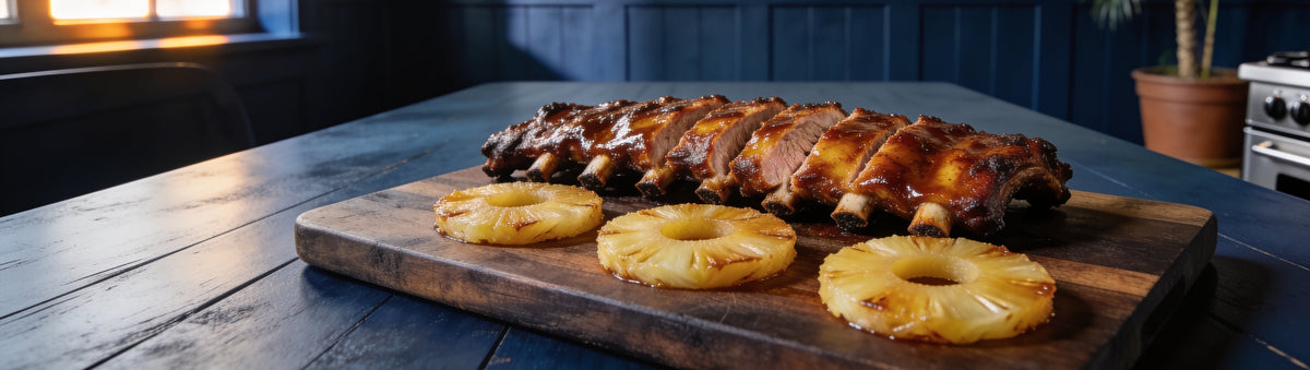 Pork ribs lacquered in KOSMOS Q Pineapple Heat BBQ Glaze with caramelised pineapple rings