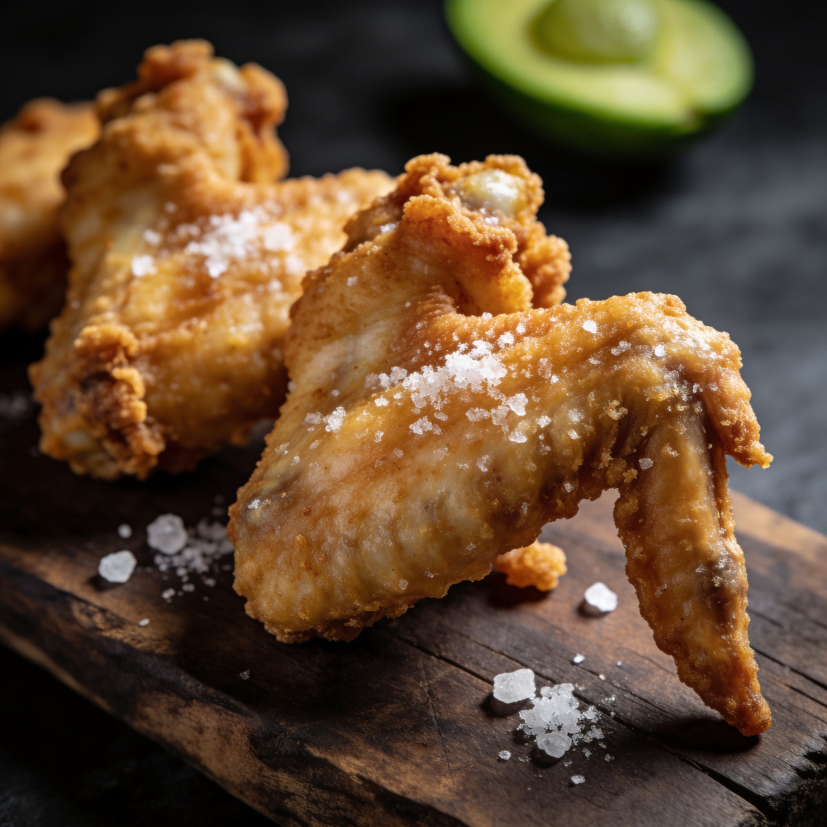 Kosmos Q Salt and Vinegar Wing Dust seasoning dusted on crispy chicken wings