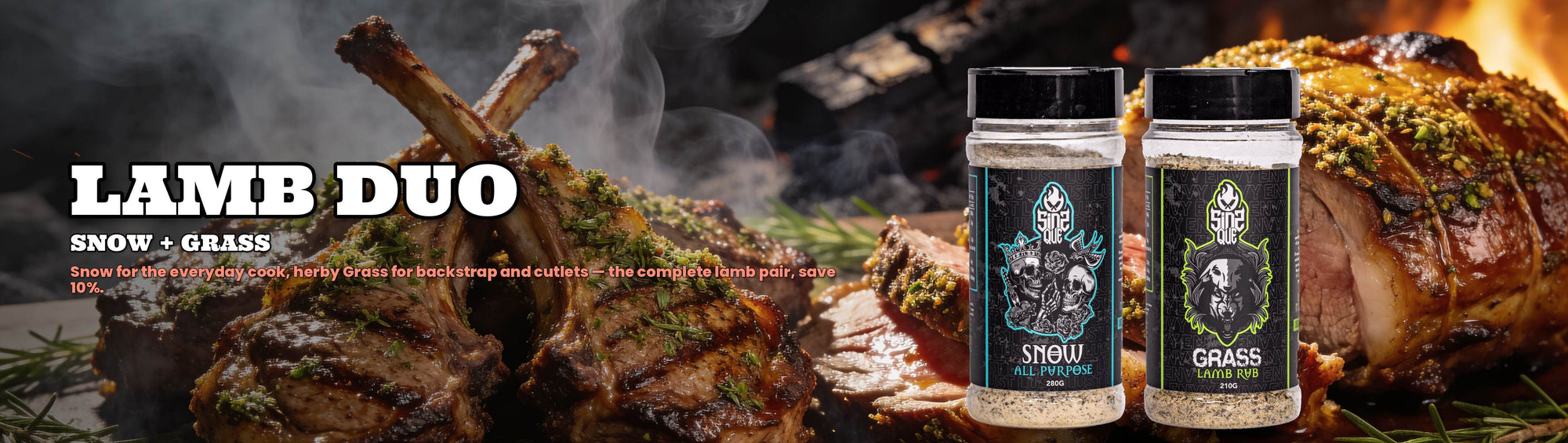 SinsQue Lamb Duo Bundle — grilled lamb cutlets and roast shoulder with Snow and Grass rub shakers