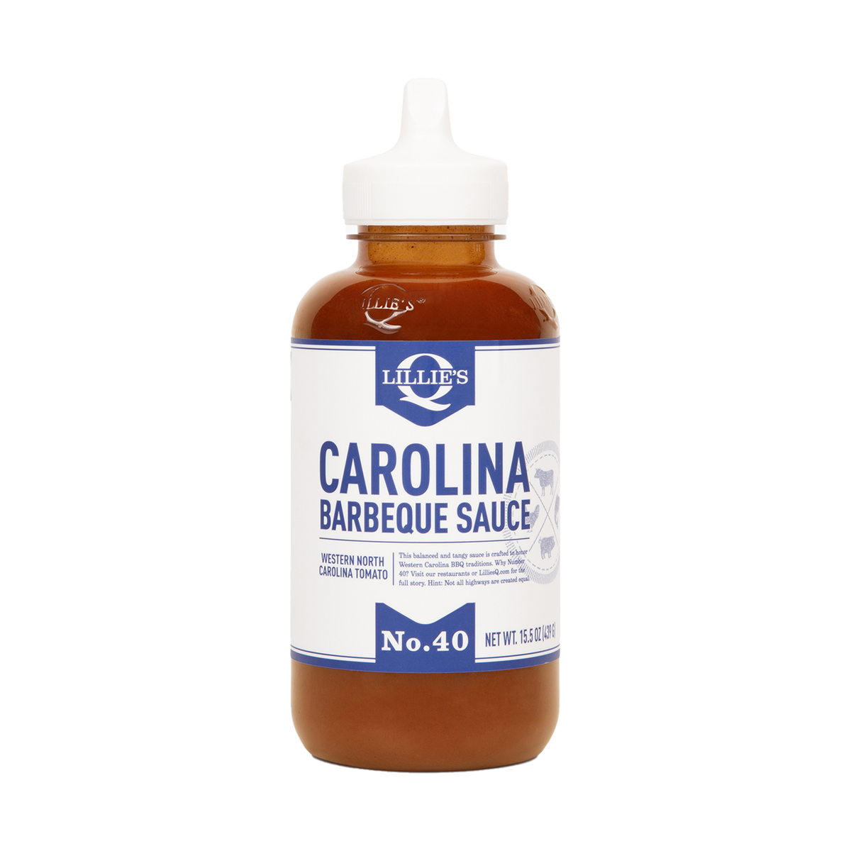 Lillie's Q Carolina Barbeque Sauce 380ml vinegar BBQ sauce — front of squeeze bottle on transparent background