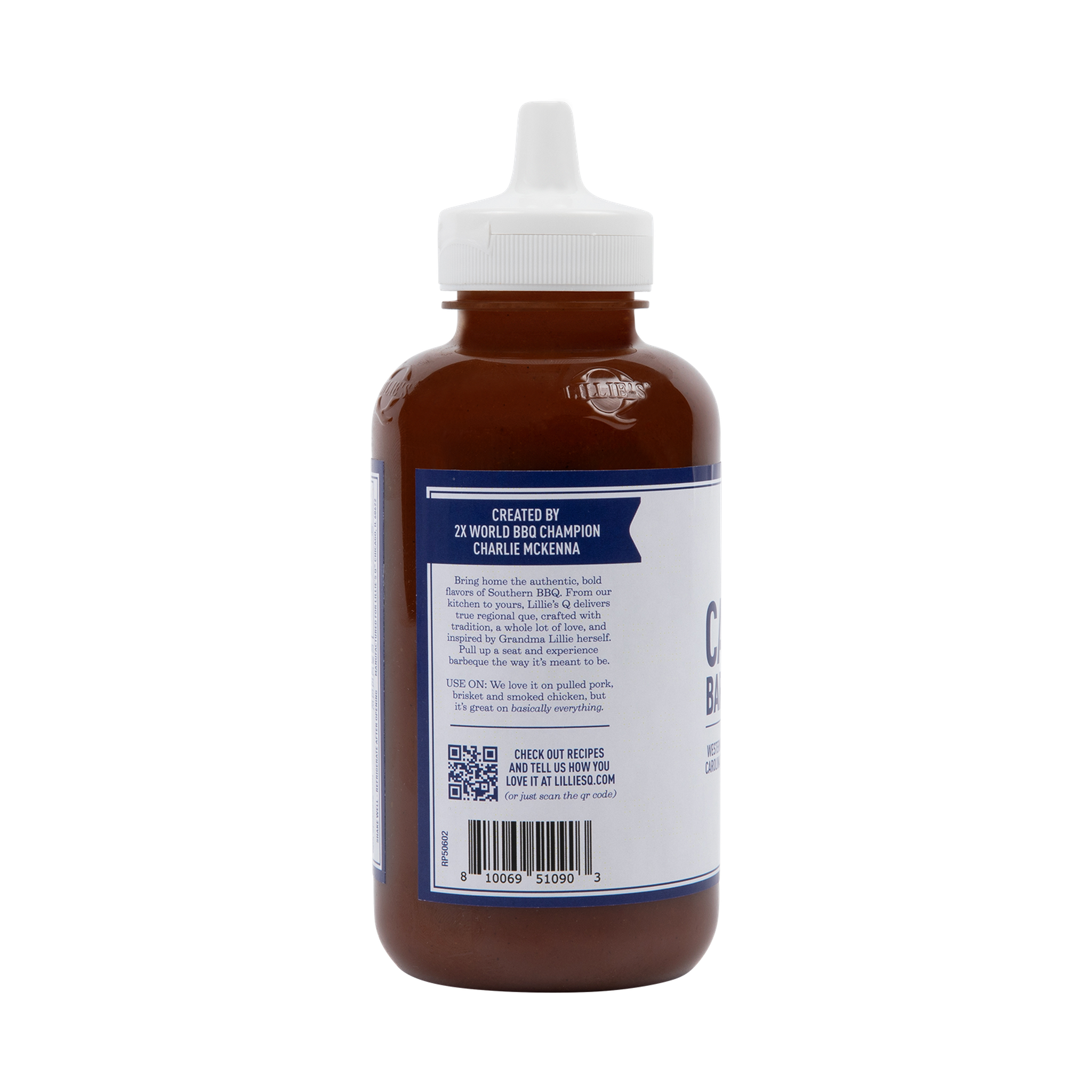 Lillie's Q Carolina Barbeque Sauce 380ml vinegar BBQ sauce — back label with the brand story, transparent background