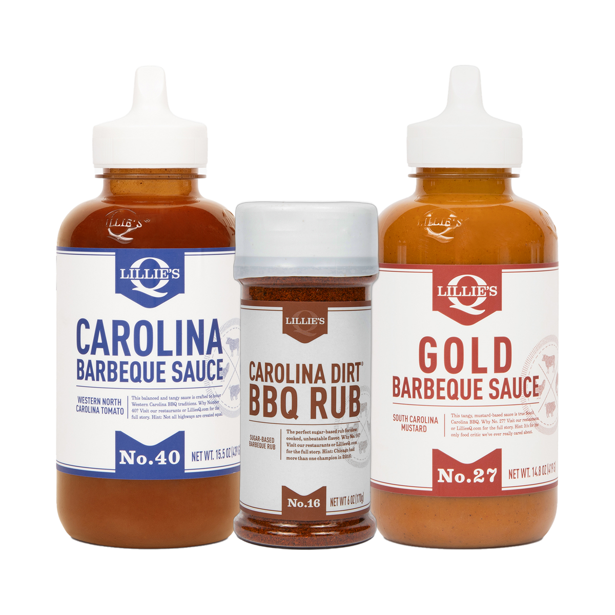 Lillie's Q Carolina Dreaming BBQ Set — Carolina Dirt BBQ Rub 170g, Carolina and Gold Barbeque Sauce 380ml on transparent background