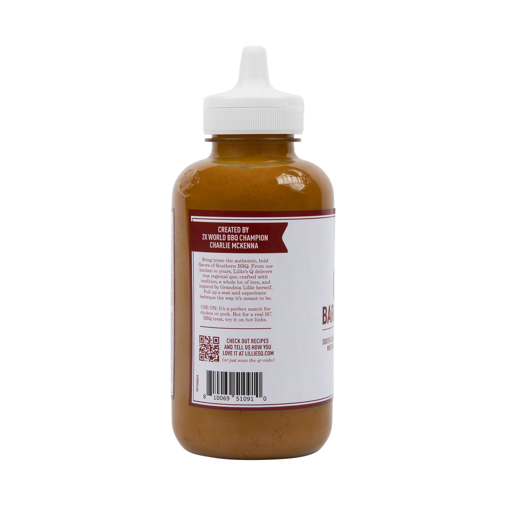 Lillie's Q Gold Barbeque Sauce 380ml mustard BBQ sauce — back label with the brand story, transparent background