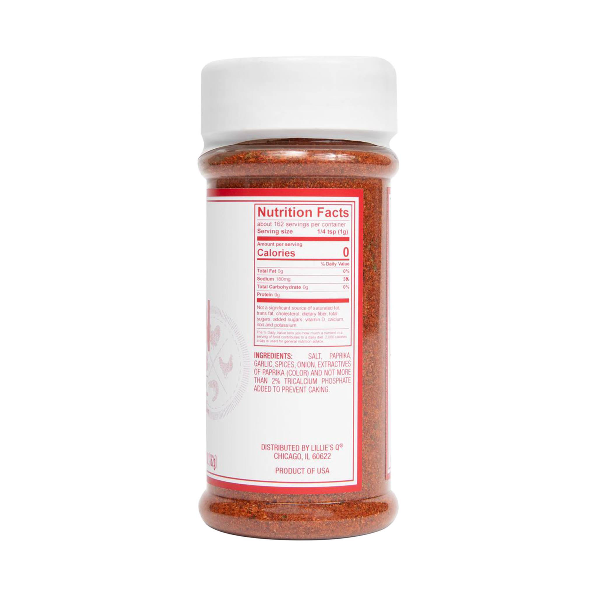 Lillie's Q Hot Chicken Nashville Hot Seasoning 161g — ingredients and nutrition panel, transparent background