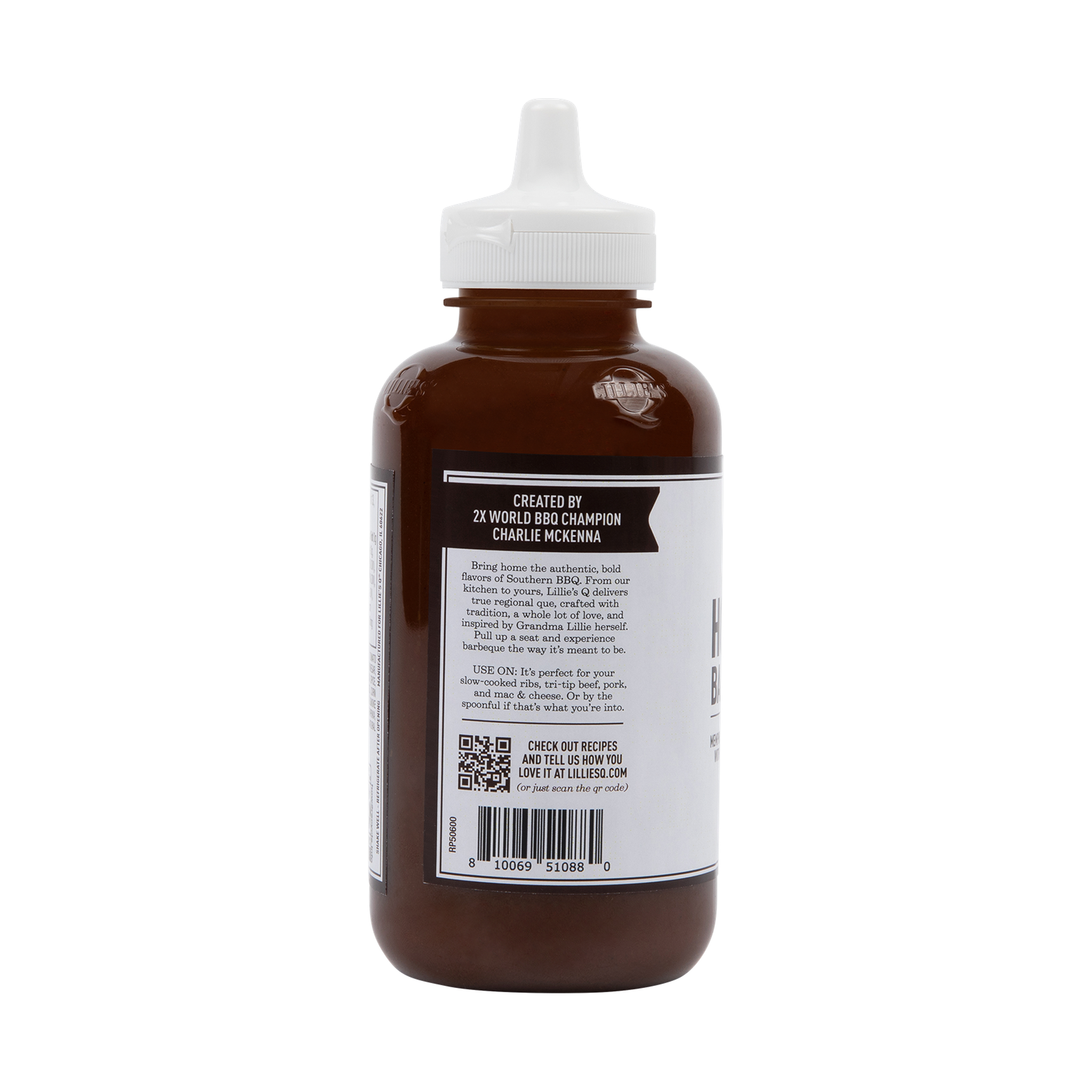 Lillie's Q Hot Smoky Barbeque Sauce 380ml spicy BBQ sauce — back label with the brand story, transparent background