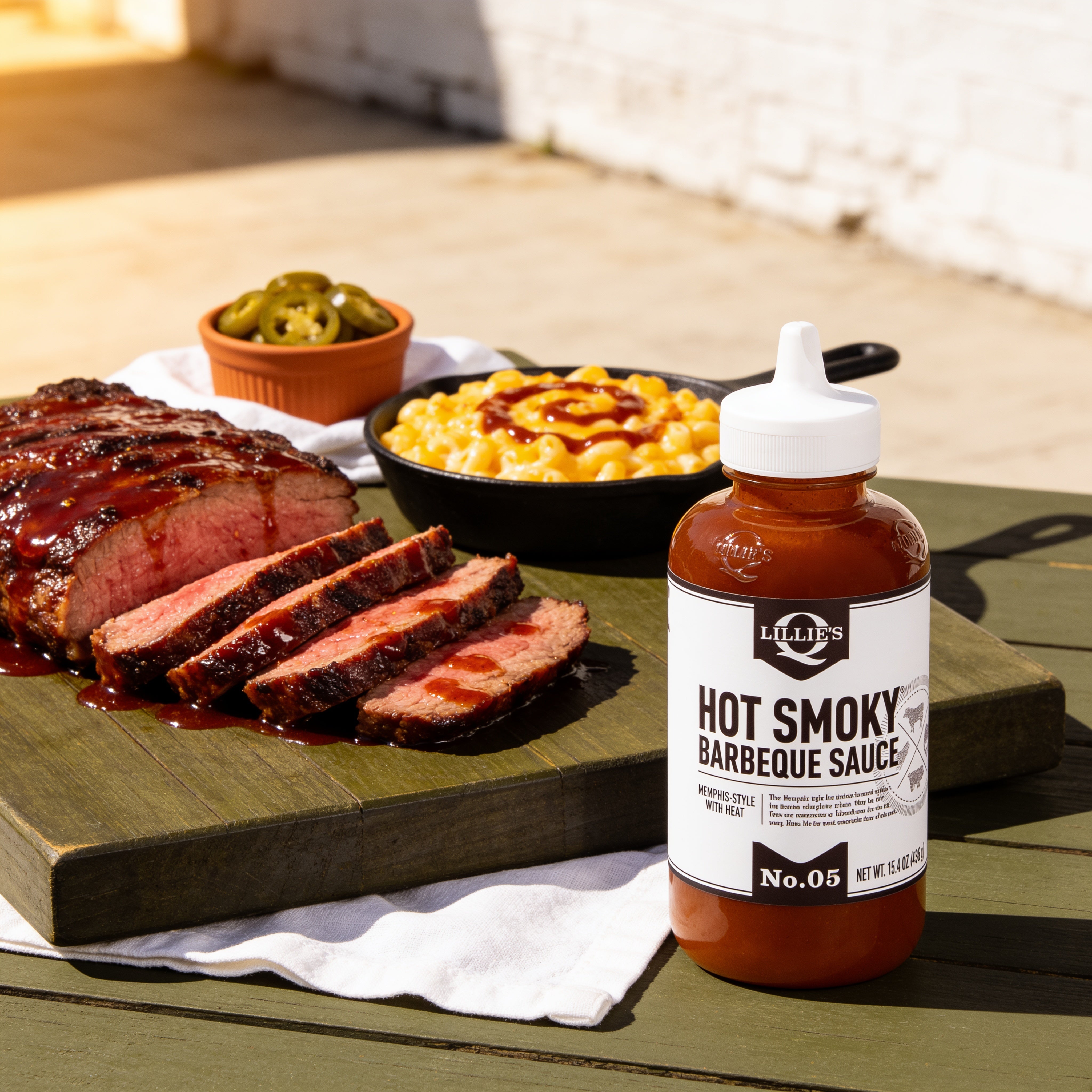 Lillie's Q Hot Smoky Barbeque Sauce 380ml spicy BBQ sauce — sliced glazed tri-tip with a skillet of mac and cheese