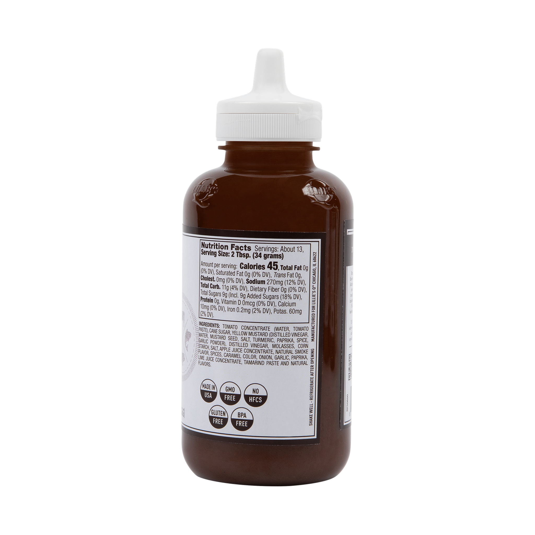 Lillie's Q Hot Smoky Barbeque Sauce 380ml spicy BBQ sauce — ingredients and nutrition panel, transparent background
