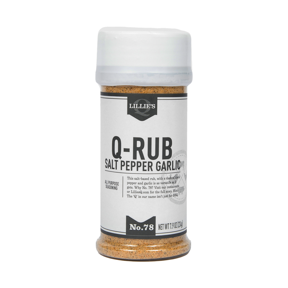 Lillie's Q Q-Rub Salt Pepper Garlic seasoning 224g — front of shaker on transparent background