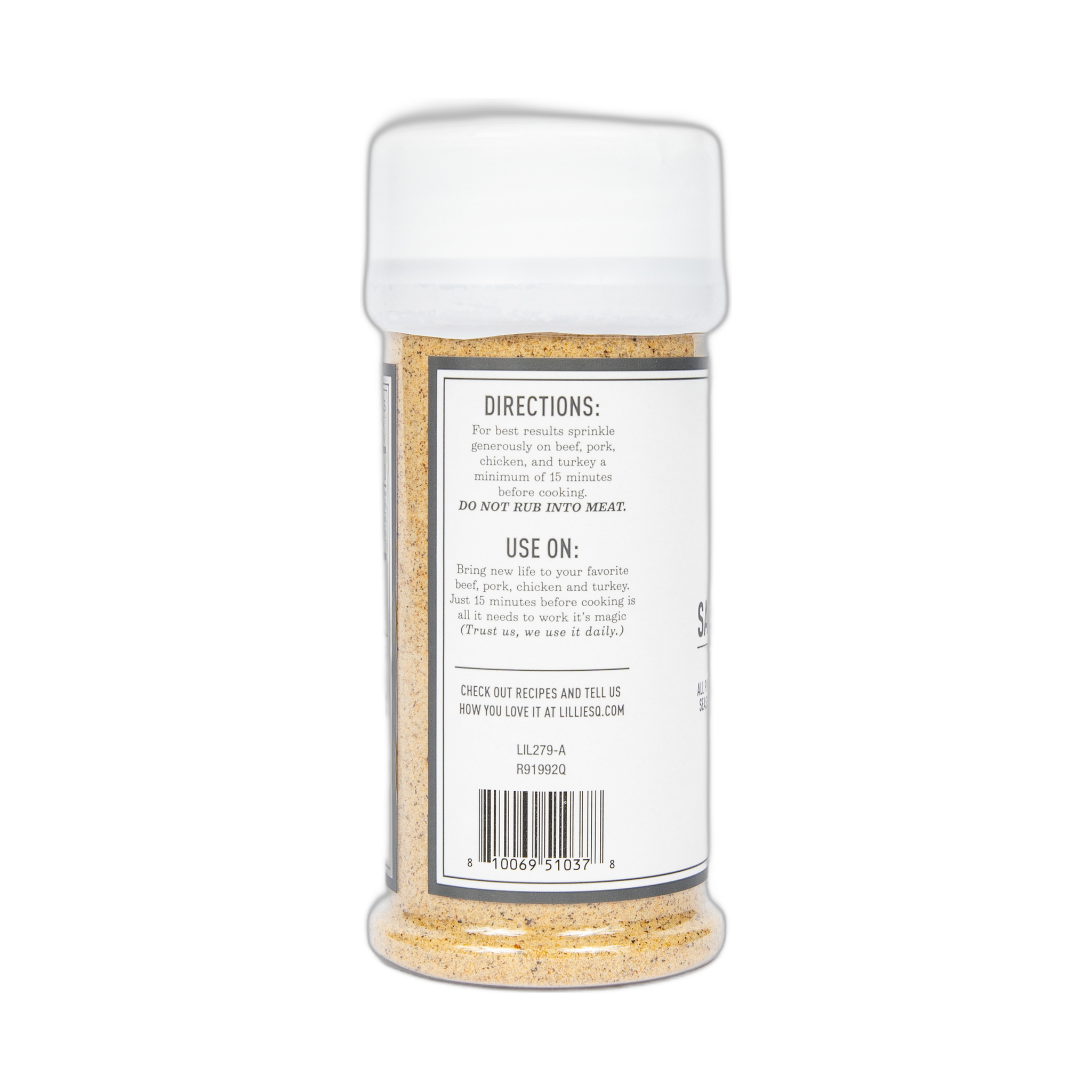 Lillie's Q Q-Rub Salt Pepper Garlic seasoning 224g — directions and serving suggestions panel, transparent background