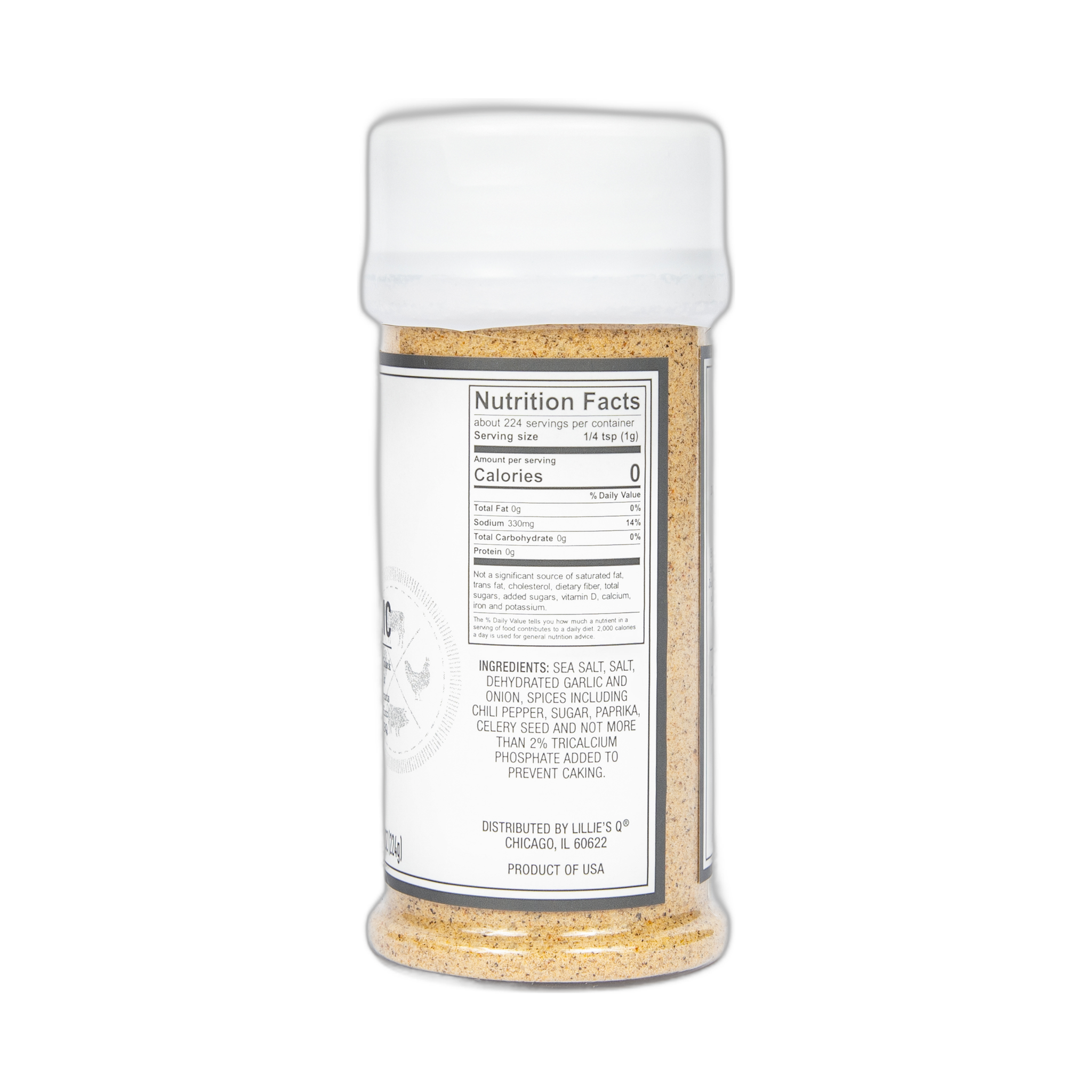 Lillie's Q Q-Rub Salt Pepper Garlic seasoning 224g — ingredients and nutrition panel, transparent background