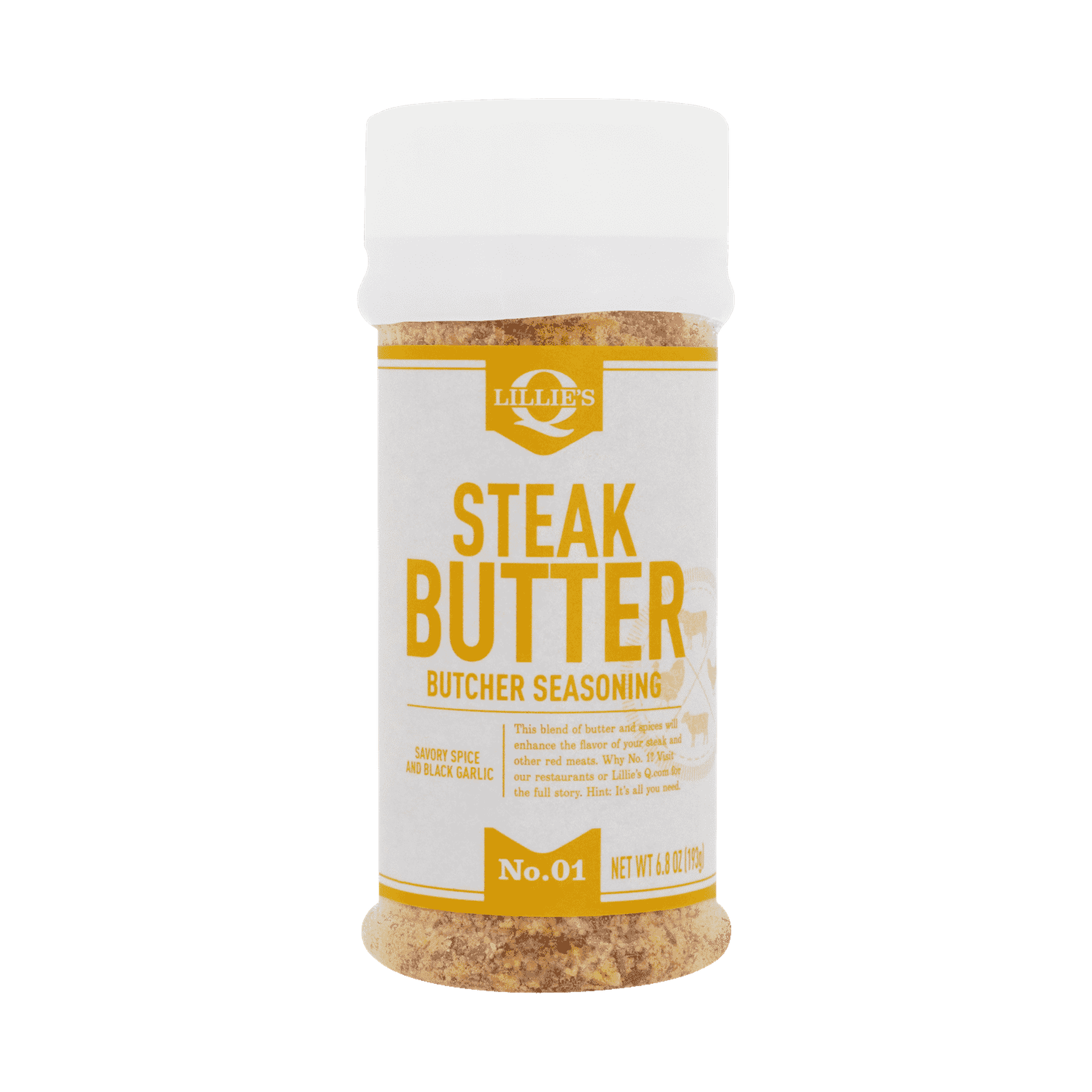 Lillie's Q Steak Butter Seasoning 192g — front of shaker on transparent background