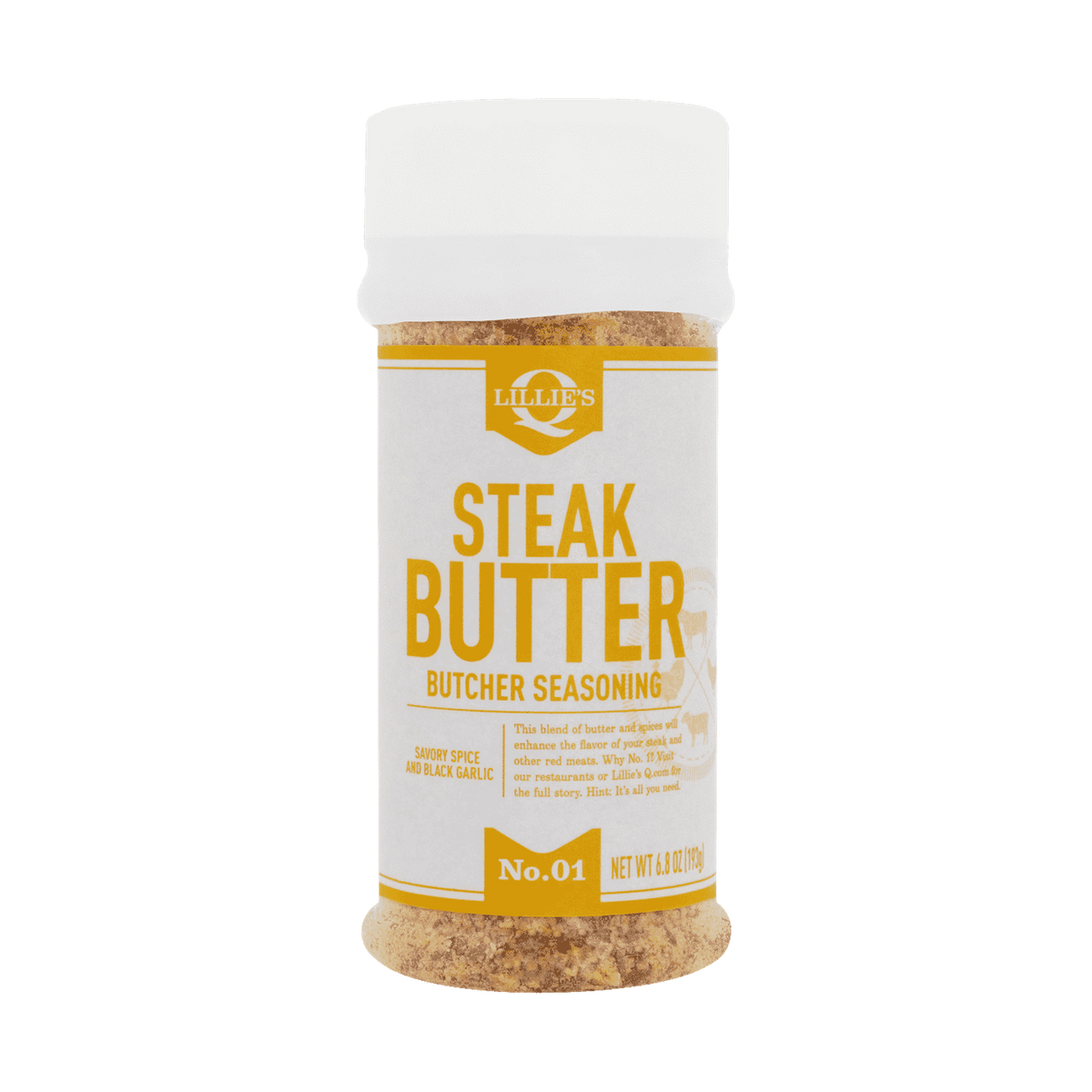 Lillie's Q Steak Butter Seasoning 192g — front of shaker on transparent background
