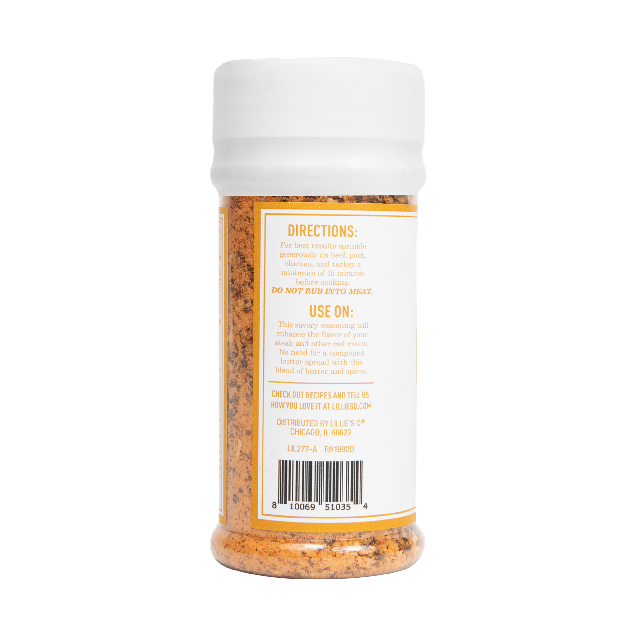 Lillie's Q Steak Butter Seasoning 192g — directions and serving suggestions panel, transparent background