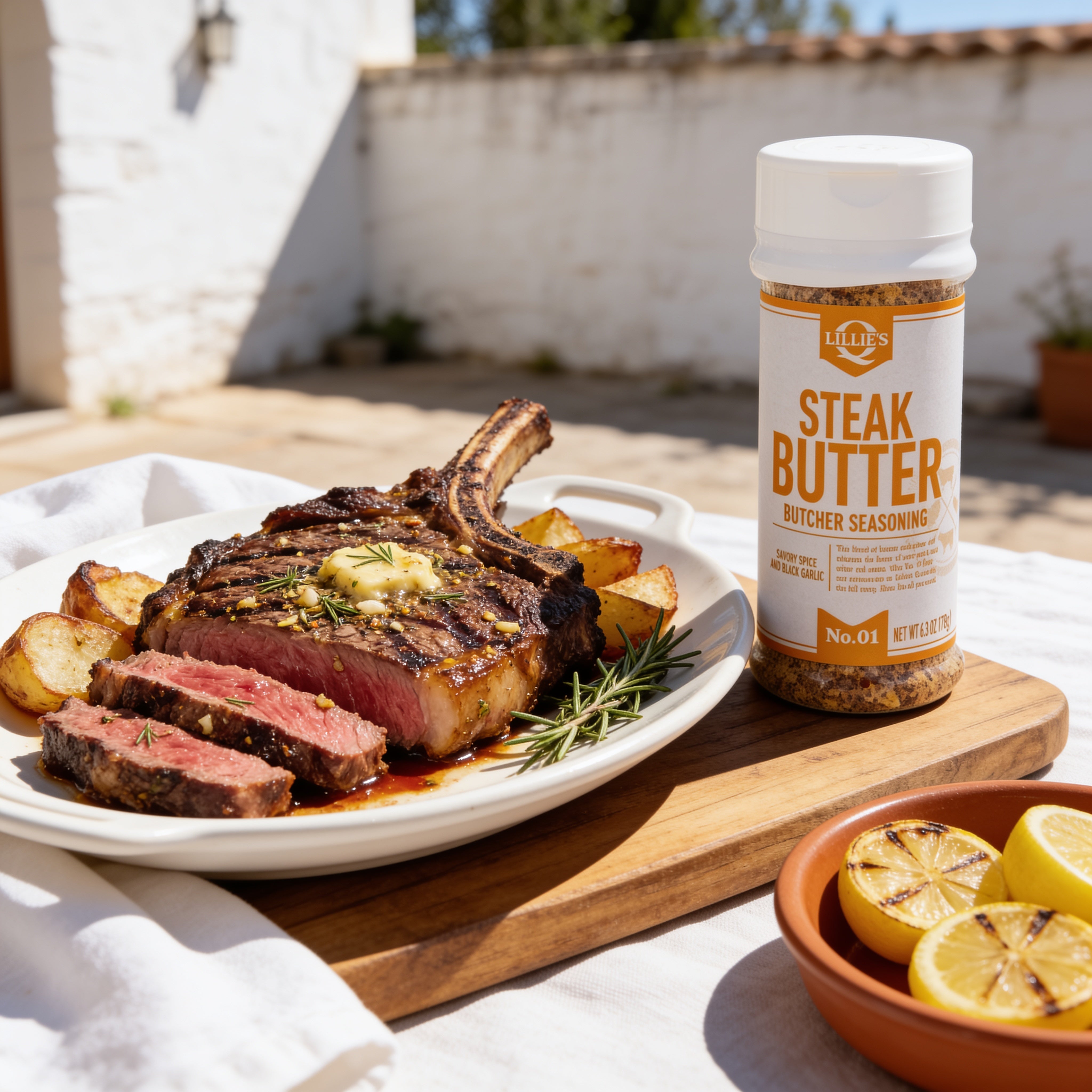 Lillie's Q Steak Butter Seasoning 192g — sliced grilled ribeye with a garlic-butter crust and roast potatoes