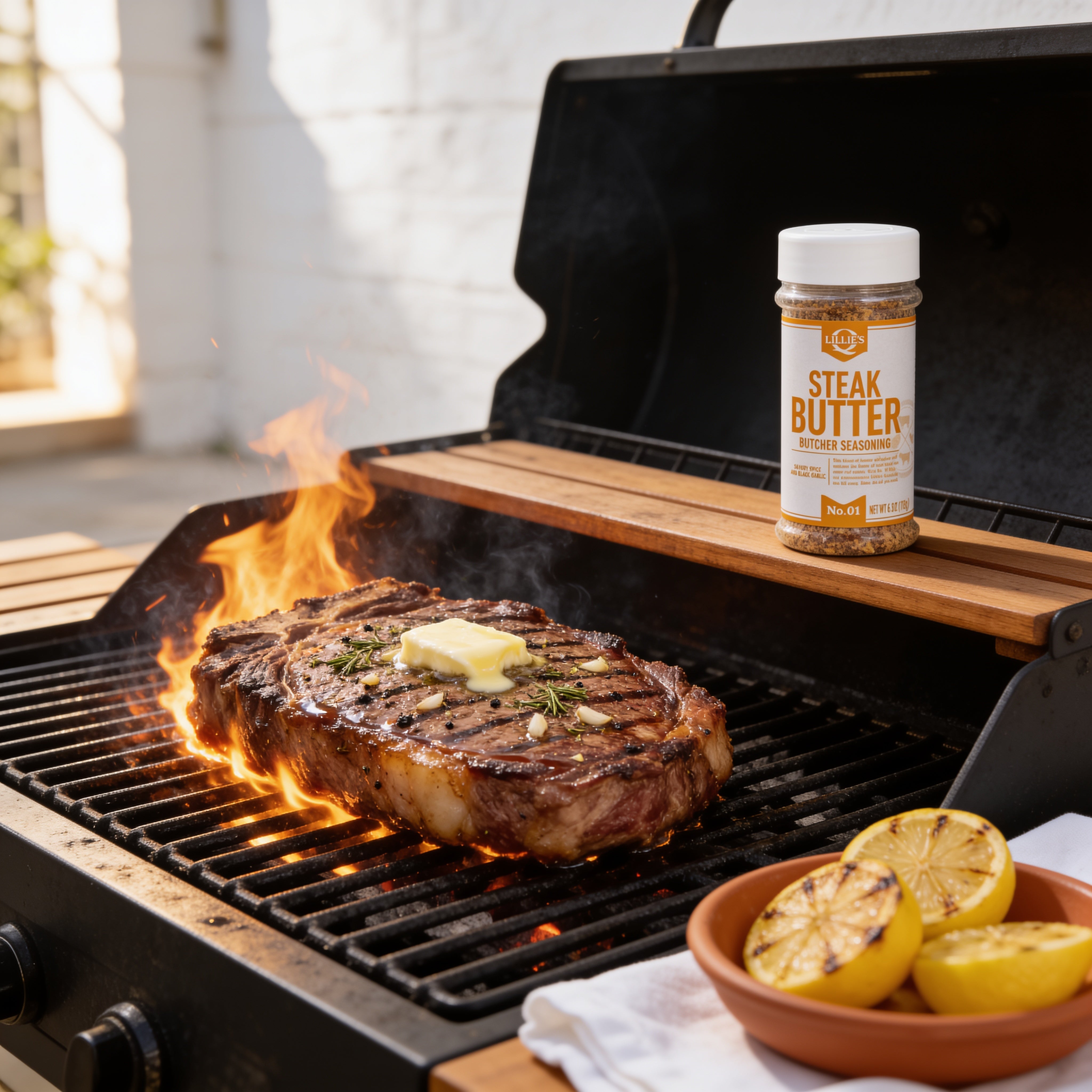 Lillie's Q Steak Butter Seasoning 192g — seasoned steak with melting garlic butter on a flaring grill