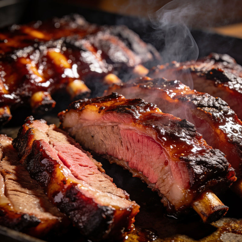 Deeply smoked glazed ribs with visible smoke ring lifestyle photo