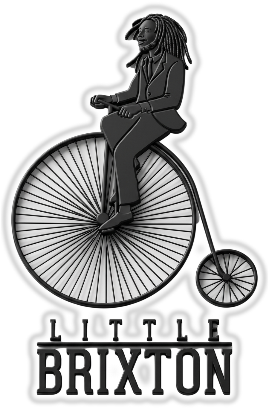 Little Brixton brand logo, dreadlocked rider on a penny-farthing bicycle, black on transparent background