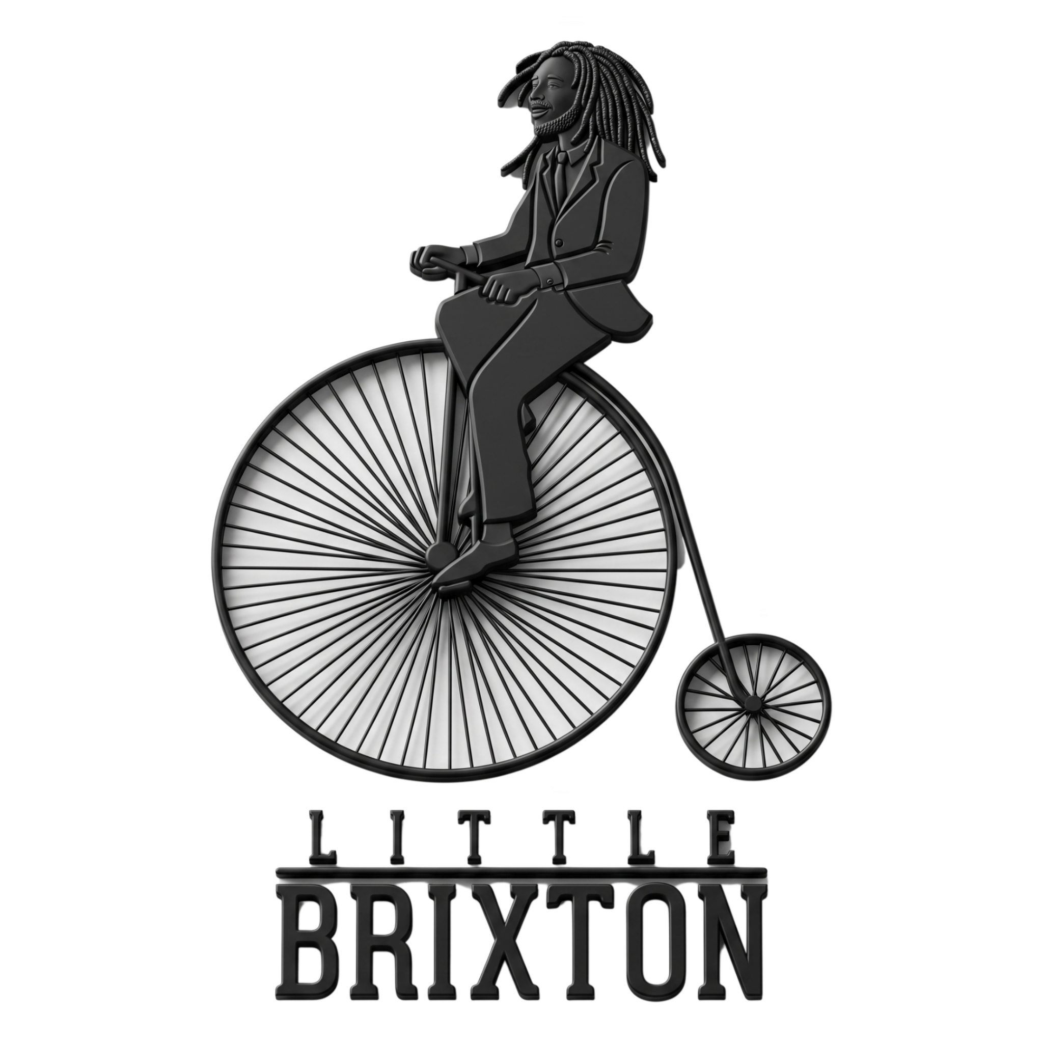 Little Brixton brand logo, dreadlocked rider on a penny-farthing bicycle, black on transparent background