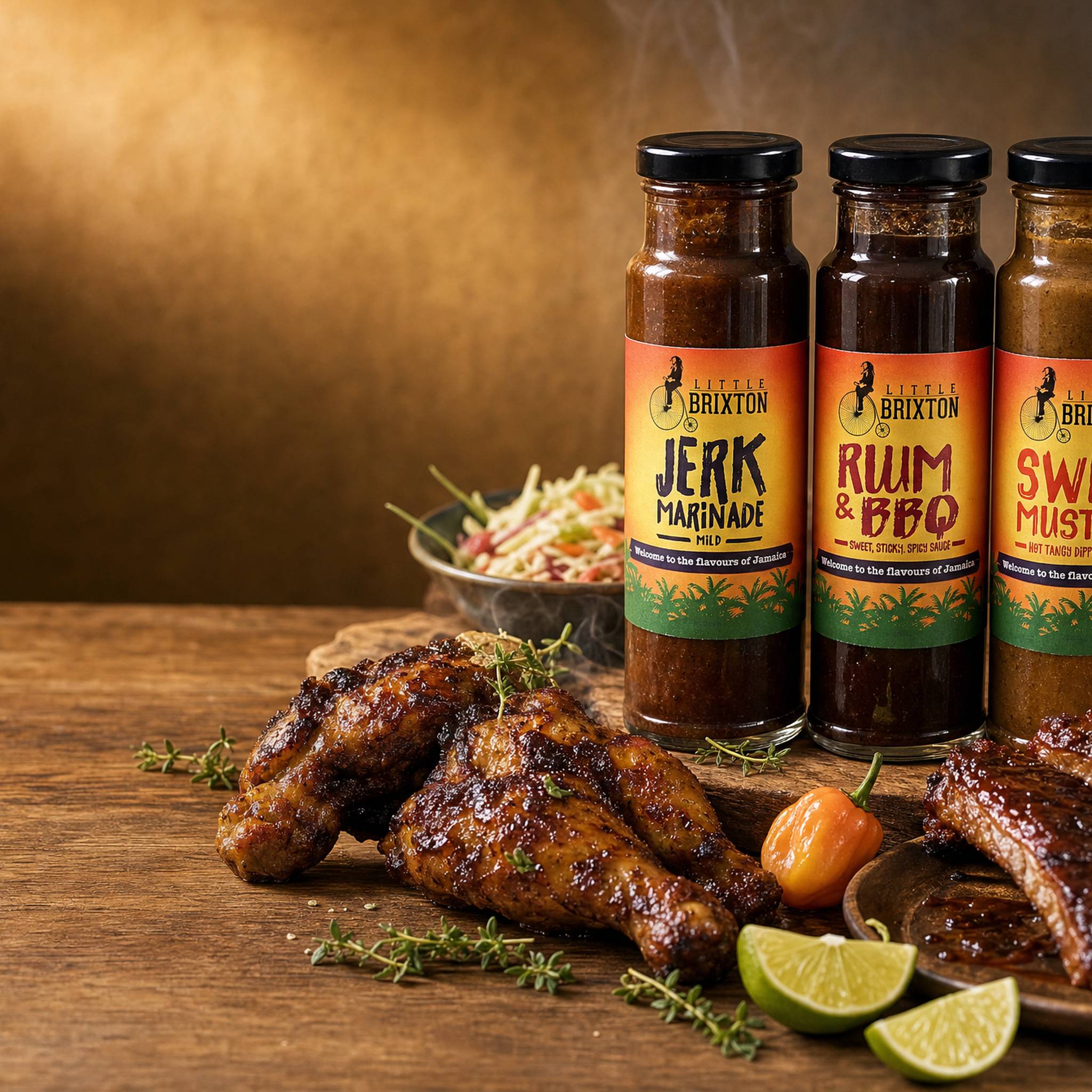 Little Brixton Jamaican Trio — jerk chicken, ribs and burger spread with all three bottles