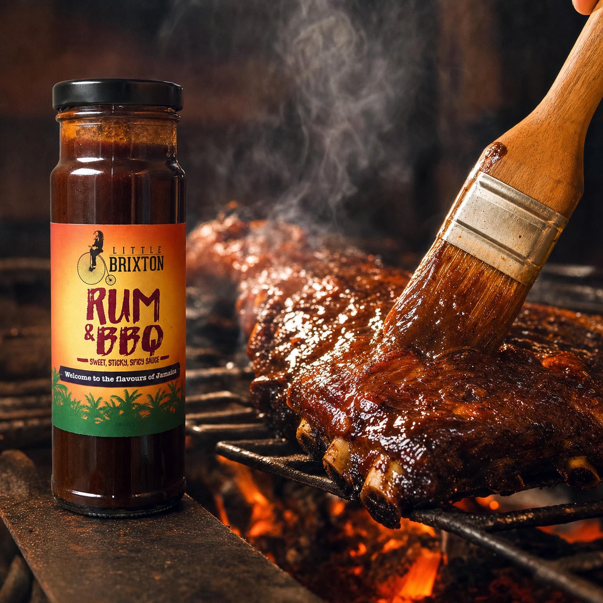 Little Brixton Rum and BBQ Sauce — ribs being glazed on the smoker
