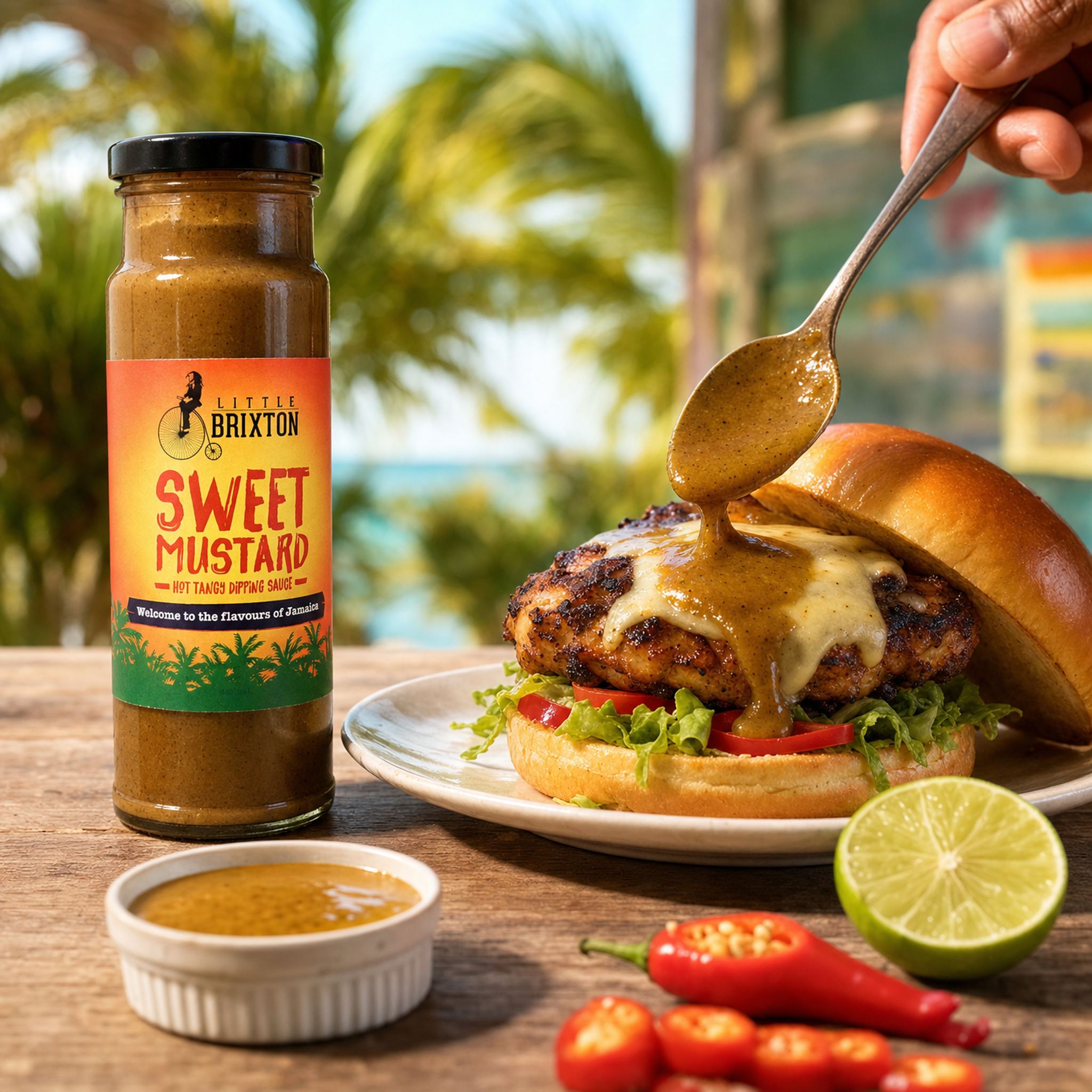 Little Brixton Sweet Mustard — jerk chicken burger with the bottle