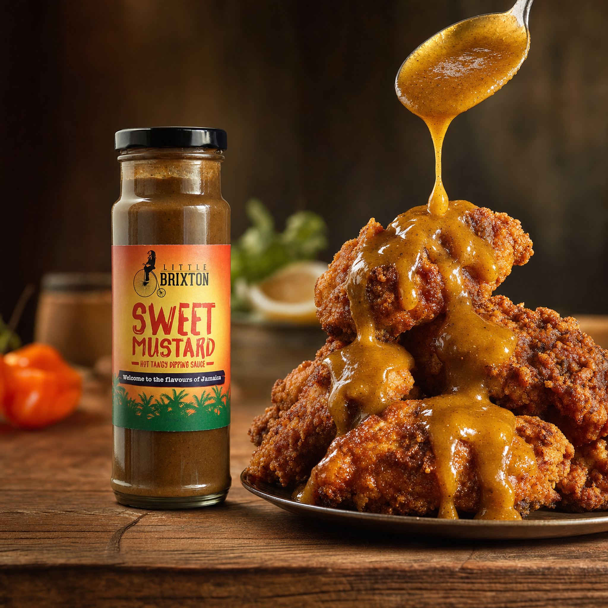 Little Brixton Sweet Mustard — golden mustard drizzled over crispy chicken