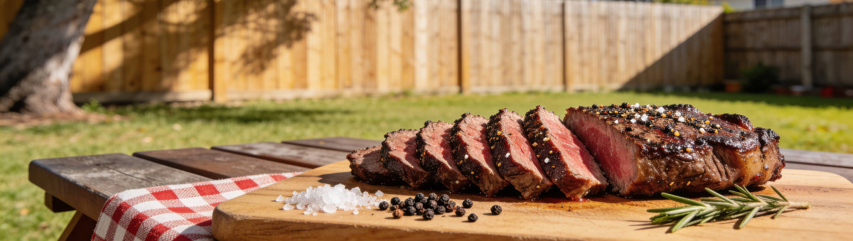 Low n Slow Basics Steak Shooter beef rub banner with a seared scotch fillet steak on a wooden board over open flame