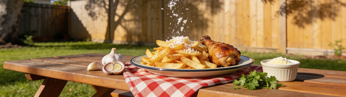 Low n Slow Basics Garlic Goals all-purpose rub banner with garlicky hot chips and roast chicken